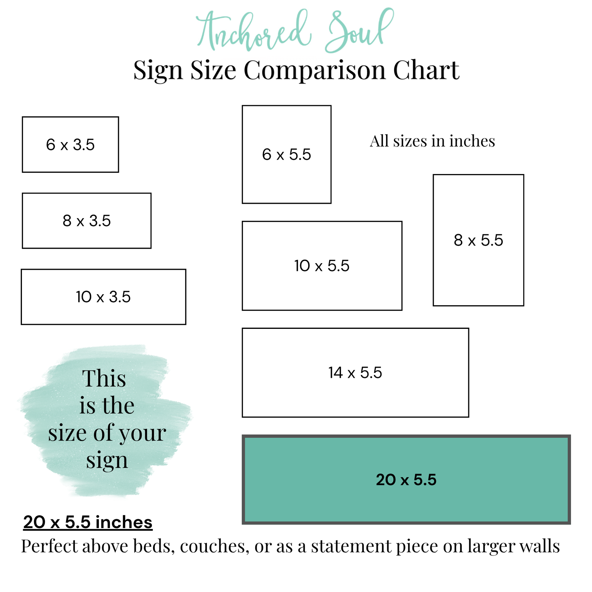 Sign size comparison chart with various dimensions and a highlighted 20 x 5.5 inch size.