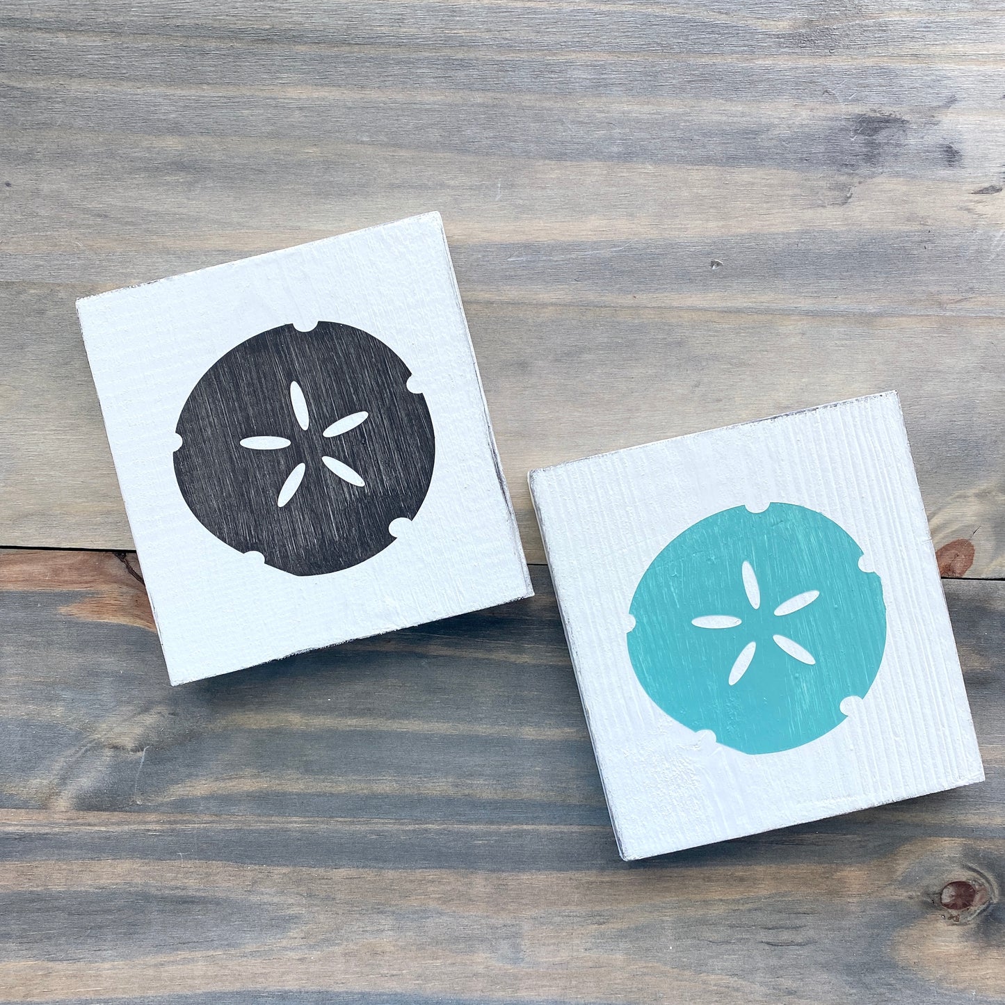 Two square white wooden signs with sand dollars, one black and one aqua displayed on a rustic gray wood background.