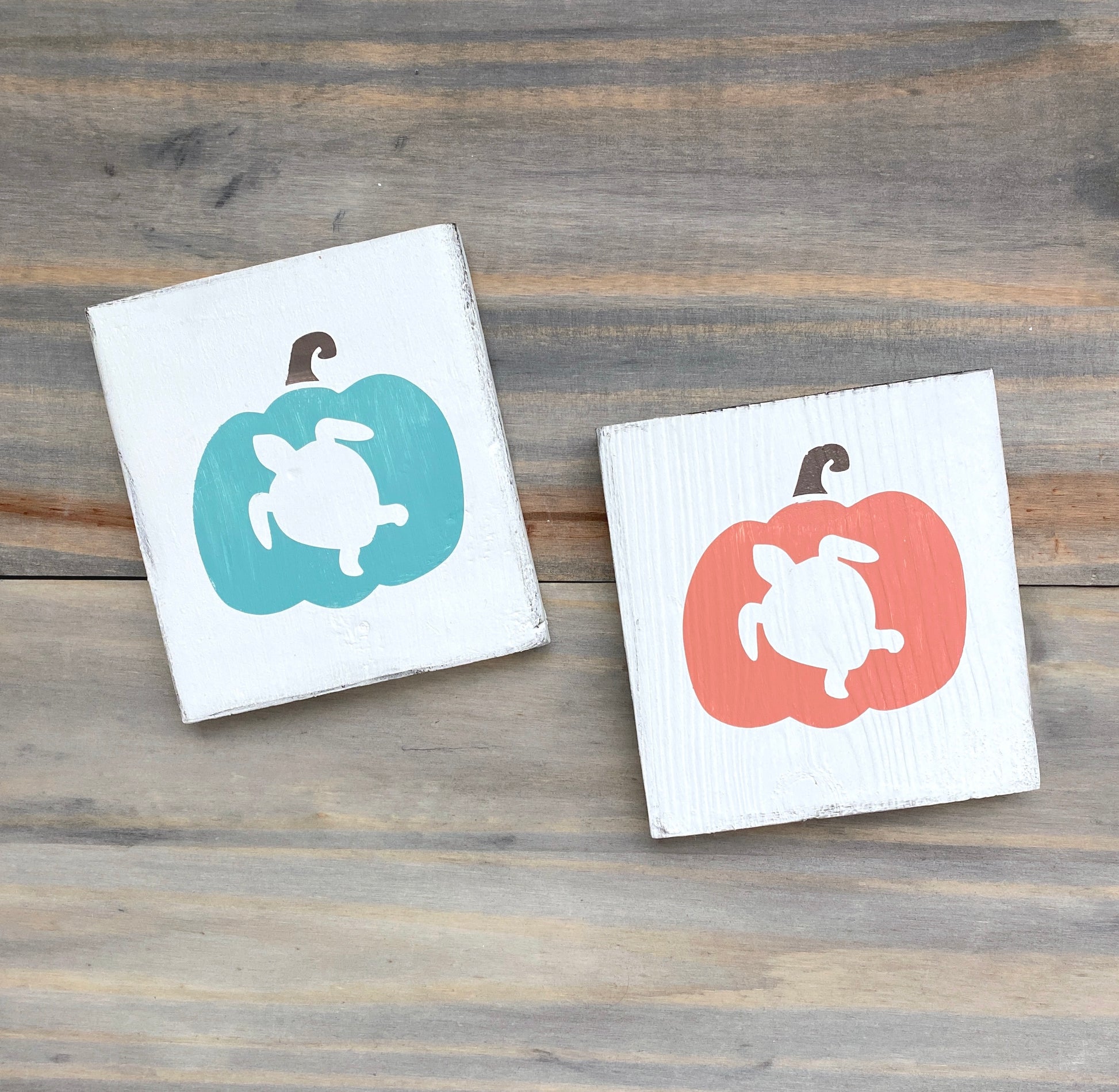 Two square white wooden signs, featuring a painted pumpkin design with a turtle silhouette. One has an aqua pumpkin, and the other has a pale orange pumpkin, both placed on a rustic gray-brown wooden surface.