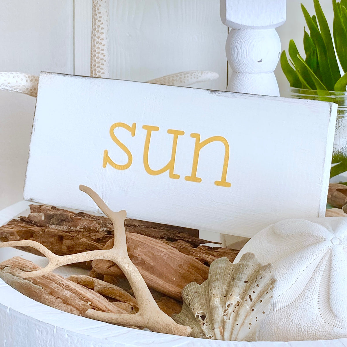 A white decorative wooden sign with the word 'sun' in gold script, styled in a coastal-themed arrangement with driftwood, a starfish, a seashell, and green leaves.